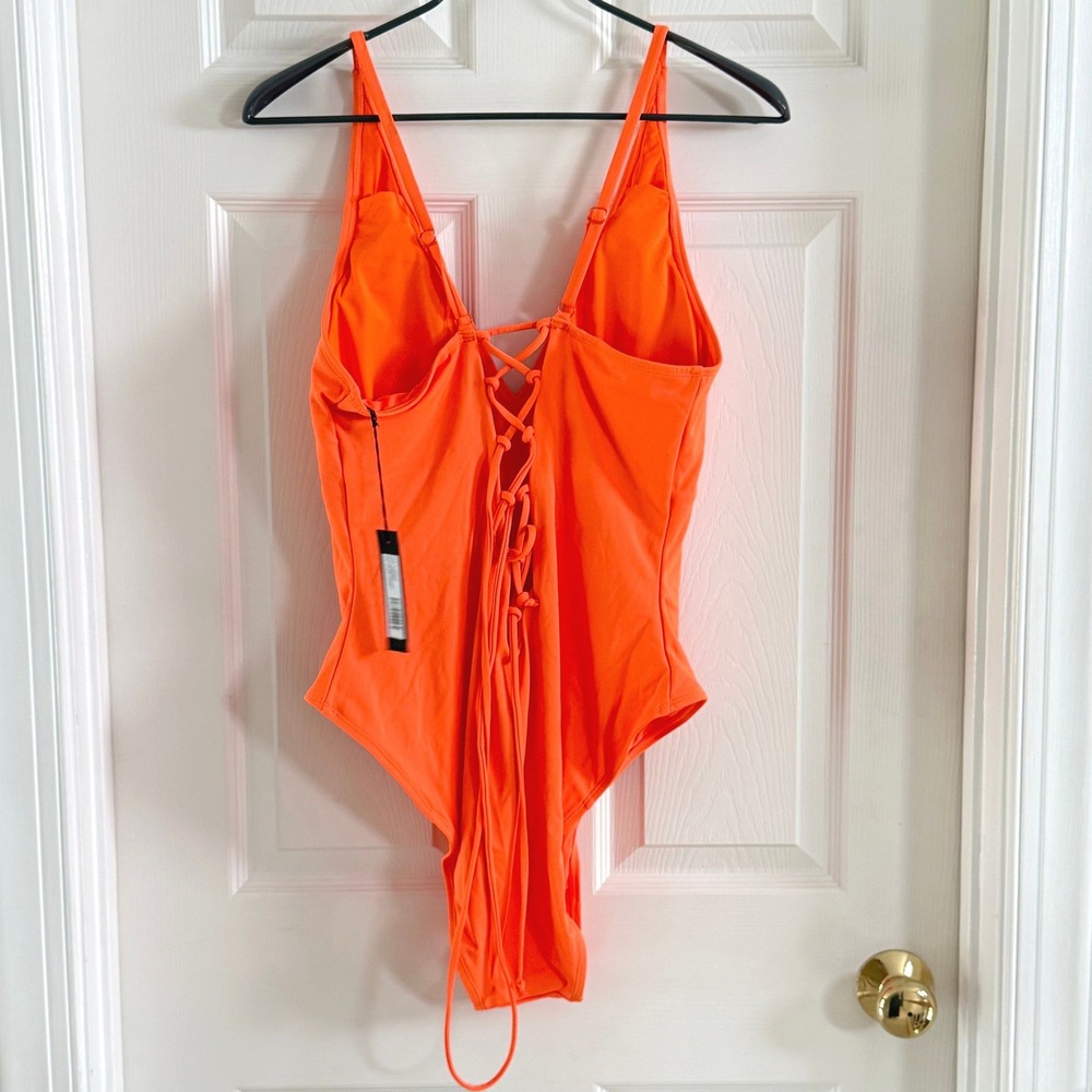 TA3 Hi Cut Plungey One Piece Swimsuit Orange Lace Up Back 3X Regular Long - Picture 3 of 7